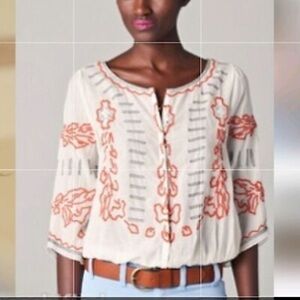 Free People Embroidery Lace Detail Boho Hidden Button Front Blouse Top